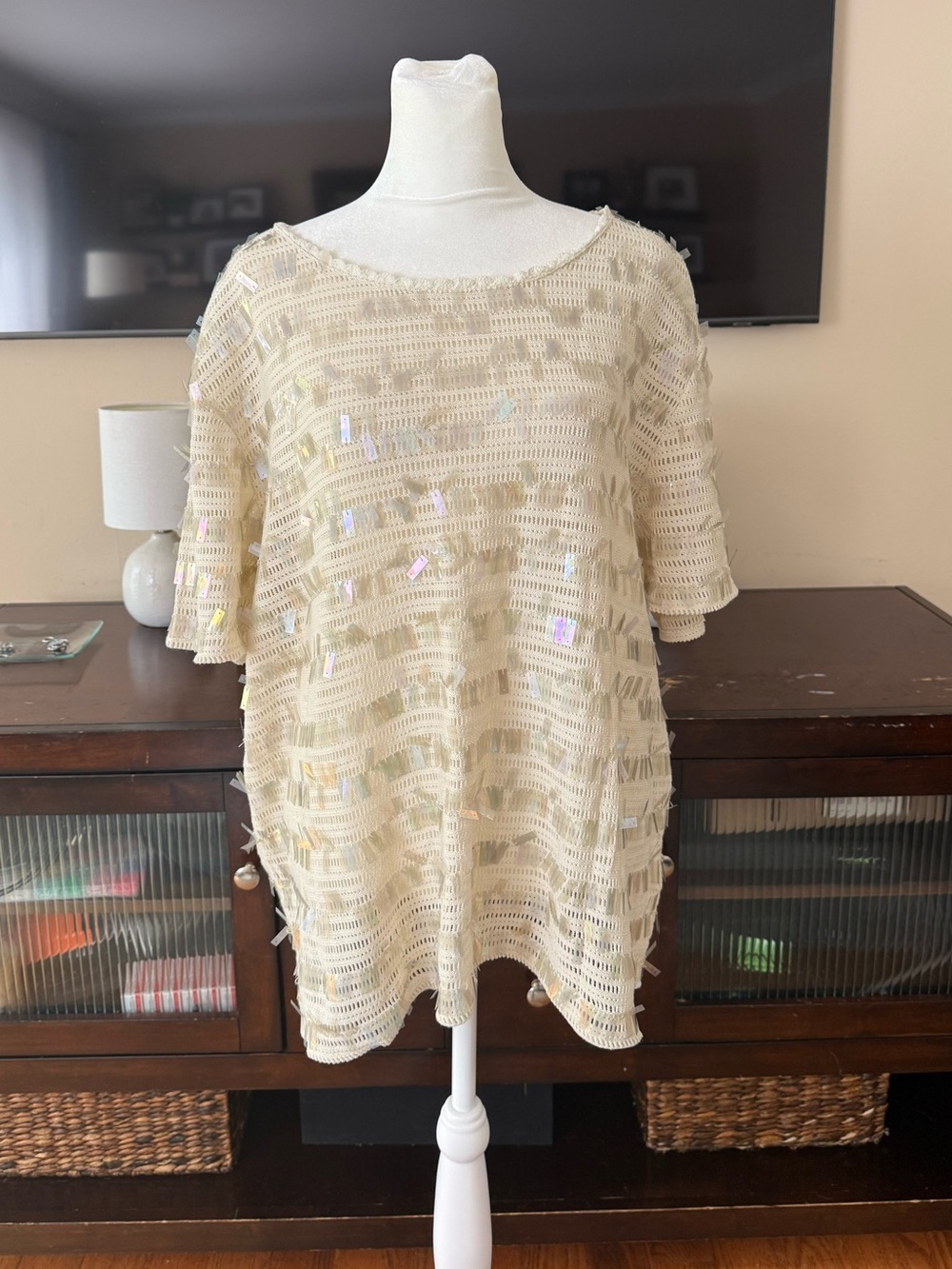 J. Crew Cream Crocheted Sequin Short Sleeve Top